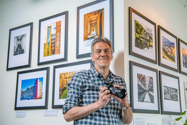 Amateur photographer  Neil Horsley at his A Mills Transformed exhibition at Dandelion Cafe, Saltaire photographed for the Yorkshire Post Magazine by Tony Johnson.. He has  spent 2 years recording 29 previously disused mills most of which are in Yorkshire.