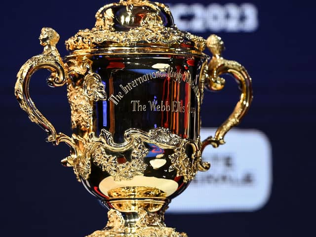 The Rugby Union World Cup trophy, the Webb Ellis Cup, is pictured in Paris. (Pic: Getty Images)