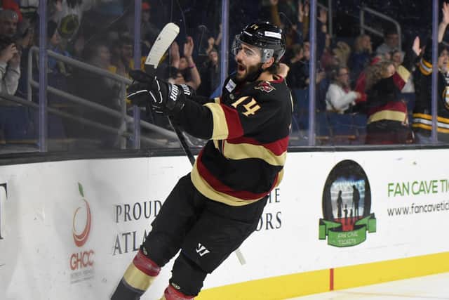 ON A ROLL: Liam Kirk celebrates scoring a goal for Atlanta Gladiators in the ECHL where he was playing before his loan move to Jukurit in Finland's Liiga last month. Picture courtesy of Taylor Trebotte/Atlanta Gladiators