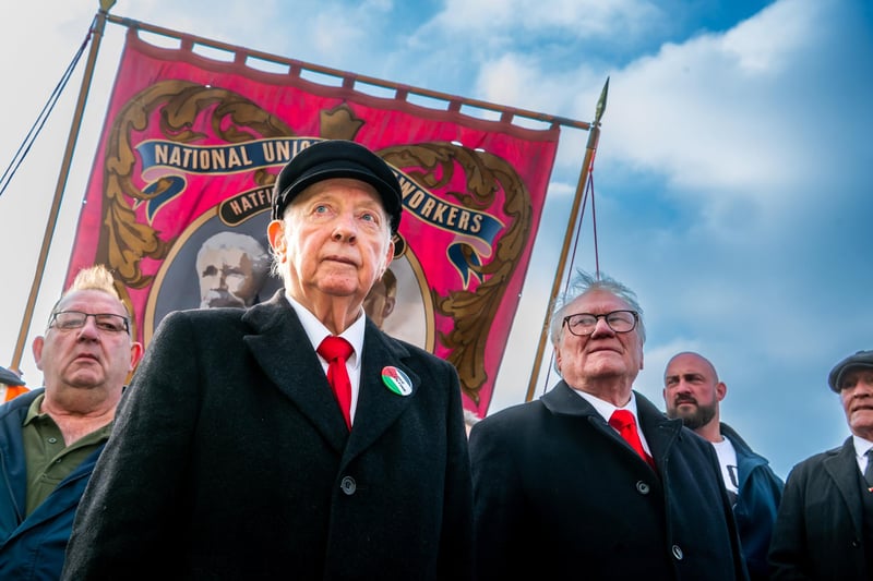 Former miners' leader Arthur Scargill, 86, who walked infront of the Hatfield  Colliery Banner along Emerson Avenue before delivering a speech at the Hatfield Pit Club.Picture By Yorkshire Post Photographer,  James Hardisty. Date: 9th March 2024.
