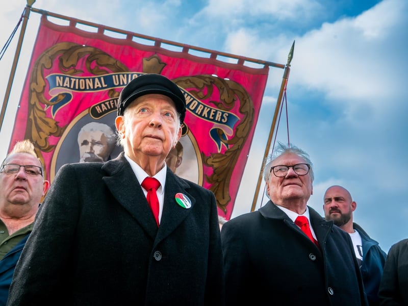 Former miners' leader Arthur Scargill, 86, who walked infront of the Hatfield  Colliery Banner along Emerson Avenue before delivering a speech at the Hatfield Pit Club.Picture By Yorkshire Post Photographer,  James Hardisty. Date: 9th March 2024.