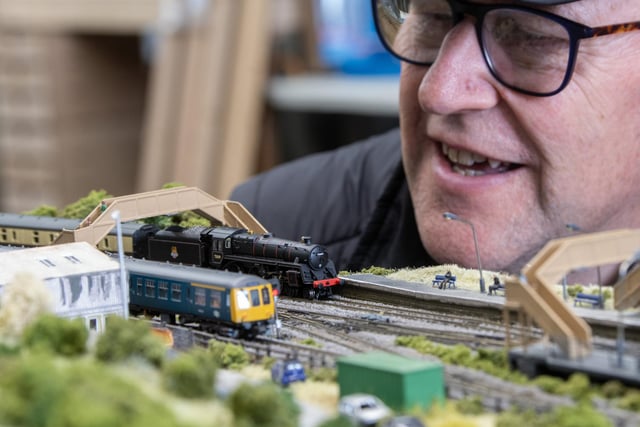 Richard Goddard with layout of fictional Rising Beck at the Model Railway Show held at Leeming Bar Station on the Wensleydale Railway, photographed by Tony Johnson for The Yorkshire Post. 5th May 2024
