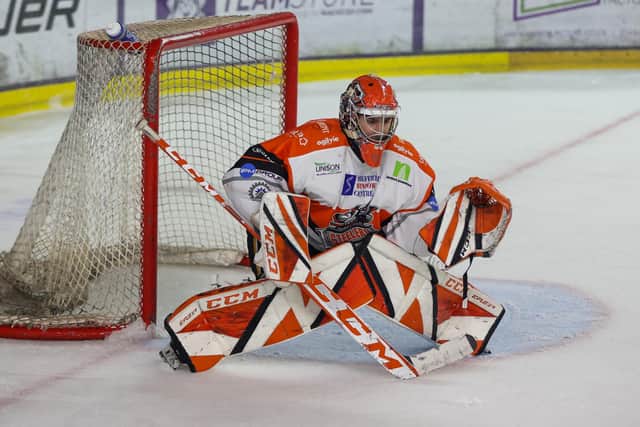 SOLID: Matt Greenfield impressed between the pipes once again for Sheffield Steelers, turning away 36 of 39 shots on his net in the 6-3 win at Manchester Storm. Picture courtesy of Mark Ferris/Storm Media/EIHL