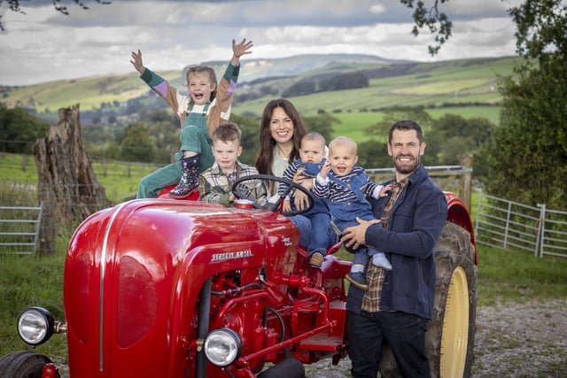 Kelvin Fletcher and his wife Liz Marsland at their farm in Cheshire with their children