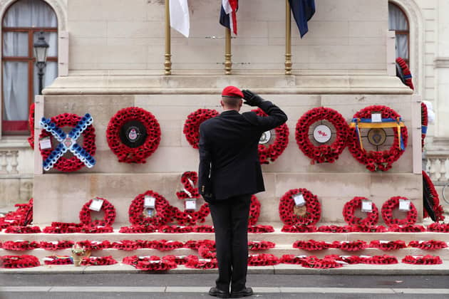 A member of the armed services gives a salute at the Cenotaph on Whitehall in London as the nation falls silent to remember the war dead on Armistice Day. PIC: Yui Mok/PA Wire