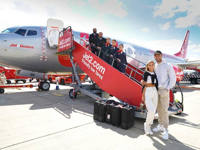 Jet2.com photo of Love Island winners Millie Court and Liam Reardon as they arrive at Stansted Airport in Essex