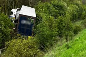 A lorry crashed down a bank on the A1(M) this morning