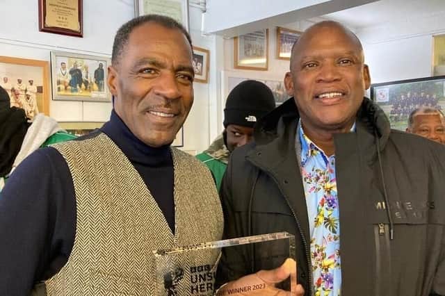 WINNER: Des Smith (left) with former England and Derbyshire fast bowler, Devon Malcolm Picture courtesy of Yorkshire CCC