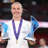 LOBeth Mead of England is awarded with the Top Goalscorer and Player of the Tournament awards after the final whistle of the UEFA Women's Euro 2022 final match between England and Germany at Wembley Stadium on July 31, 2022. (Picture: Naomi Baker/Getty Images)