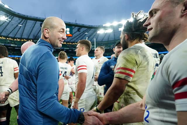 England head coach Steve Borthwick greets Ben Earl following the Guinness Six Nations win over Italy at Twickenham (Picture: David Davies/PA Wire)