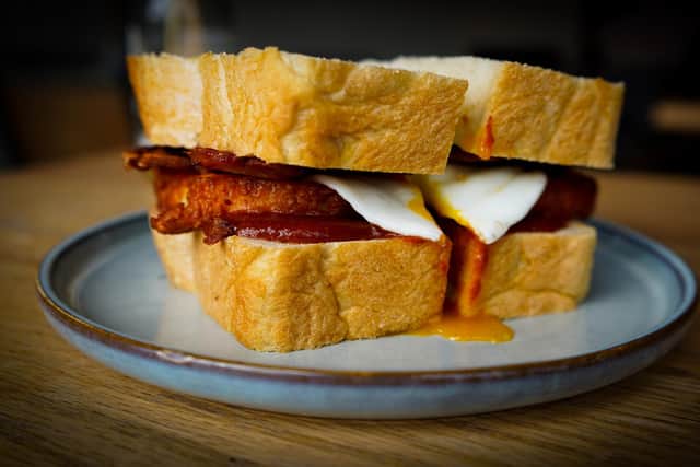 Bacon egg and halloumi sandwich with house curry ketchup