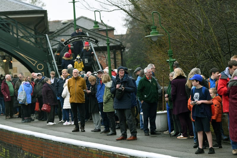 Onlookers gather to view the Royal Scot as it visits the North Yorkshire Moors Railway in Pickering.