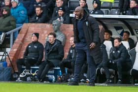 Darren Moore gets his point across to his Sheffield Wednesday players at Derby County. Picture: Bruce Rollinson.