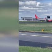 The video, taken by Kay Thompson, 33, at Leeds Bradford Airport on Saturday, shows the plane wobbling in crosswinds as it struggles to make it to the runway.
