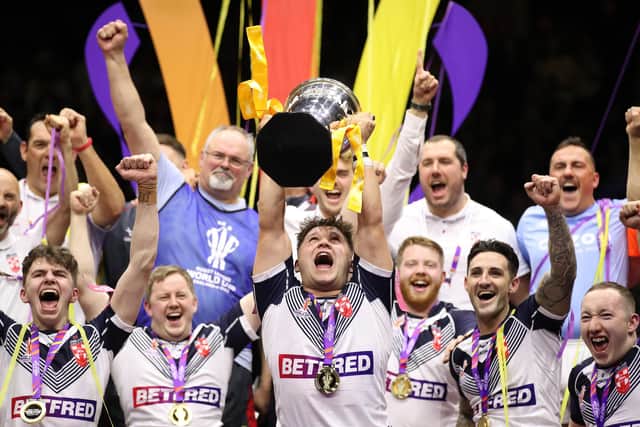 England's wheelchair stars celebrate their World Cup triumph. (Photo by Jan Kruger/Getty Images for RLWC)