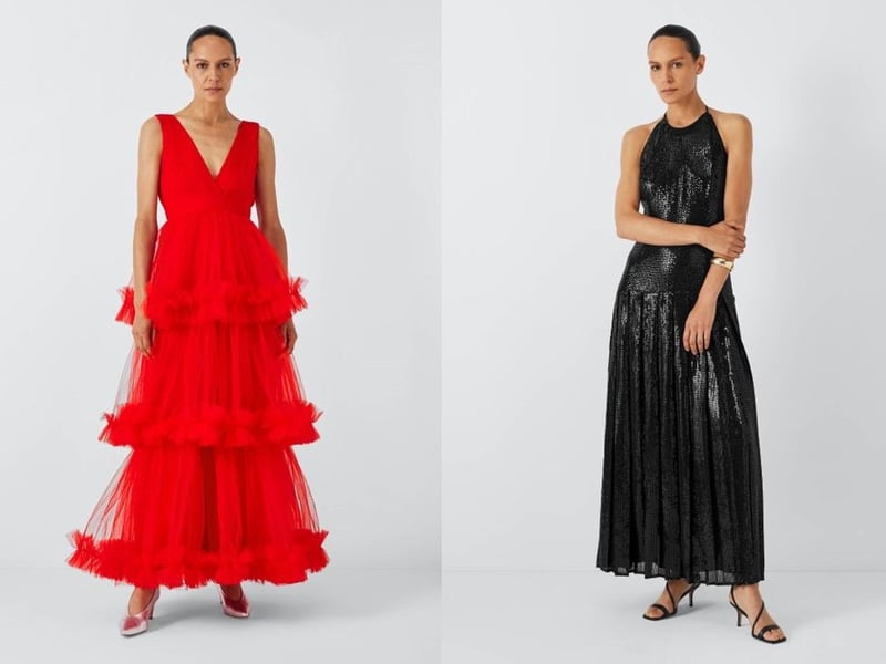 Lace & Beads red Neddin Maxi Dress, £100 and John Lewis Sequin Halter Midaxi, £248