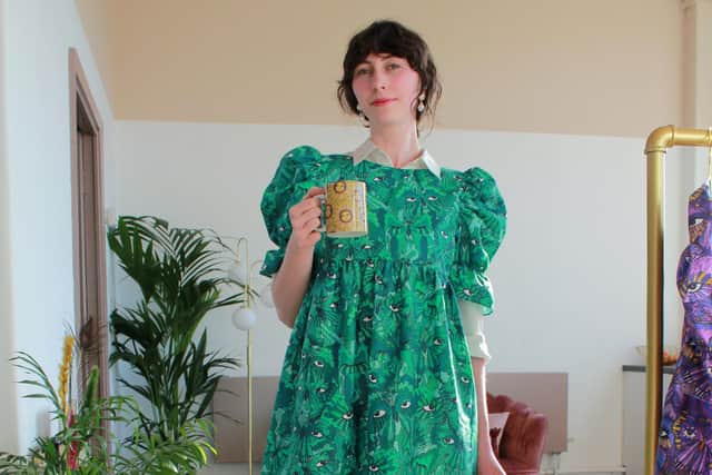Mary wears Mary Benson Erte dress in Teal Butterflies print, £280 at marybenson.london.