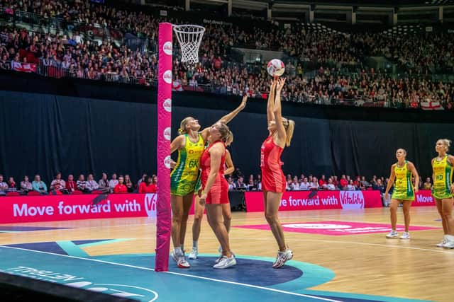 Netball Nations Cup final England v Australia at the First Direct Arena in Leeds - Roses' Helen Housby shoots for goal in front of a packed crowd (Picture: Tony Johnson)