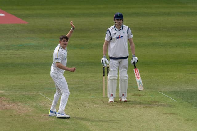 Warwickshire bowler Ethan Bamber celebrates Yorkshire's James Wharton after a scoring a duck before being caught. (Picture: Tony Johnson)
