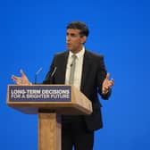 Prime Minister Rishi Sunak speaks during the final day of the Conservative Party Conference