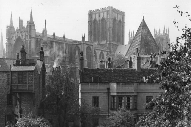 A view of York Minster cathedral and the old Rectory House circa 1950.