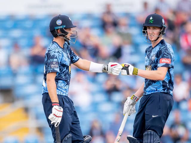 Harry Brook, right, and Joe Root cashed in for Yorkshire at Nevil Road on Sunday. Picture by Allan McKenzie/SWpix.com