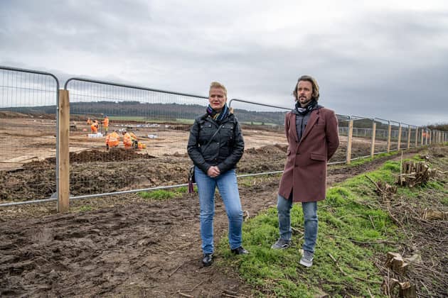 Archaeologist Kendra Quinn and local councillor Dr Tristan Learoyd at the housing development site by Longbeck Road and the A174 at Marske near Redcar where evidence of Roman settlement have been found