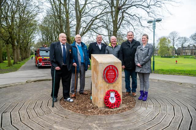 A memorial service held at Lund Park, Keighley, West Yorkshire, to mark the 40th anniversary of 
West Yorkshire firefighter Jeff Naylor who ran into a burning building and gave his life in a bid to save others. Pictured Former White Watch firefighters who were on duty at the time of the incident (left to right) Malcom Pullen, Fred Parkinson, Eddie Presland, Paul Hayhurst, Ian Jackson, and Laura Johnson, one of the children whose life was saved by the action of hero firefighter Jeff Naylor. Picture By Yorkshire Post Photographer,  James Hardisty. Date: 27th April 2023.