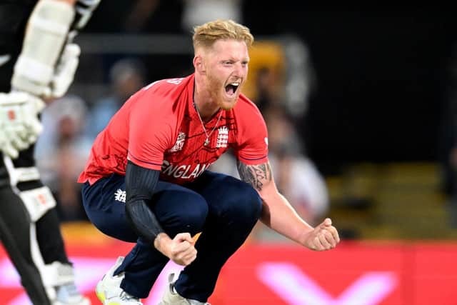 England's Ben Stokes celebrates the wicket of New Zealand's Kane Williamson during the T20 World Cup Super 12 match at The Gabba in Brisbane, Australia. Picture: PA