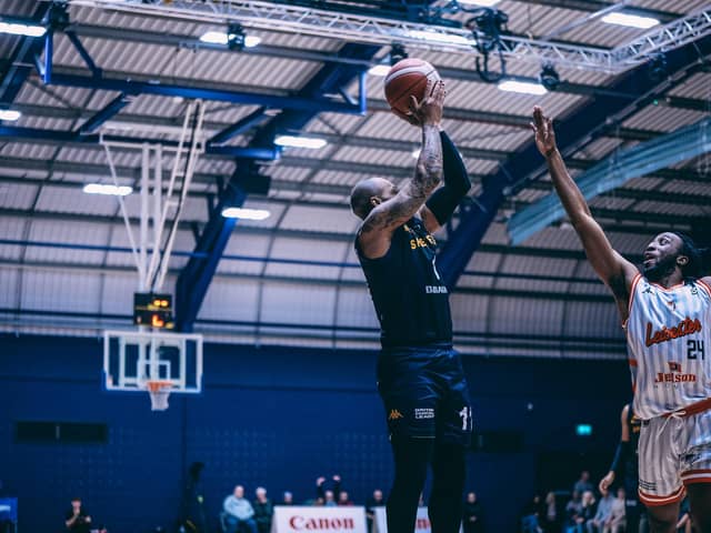 Rodney Glasgow takes a shot for Sheffield Sharks in game one against Leicester Riders (Picture: Adam Bates)