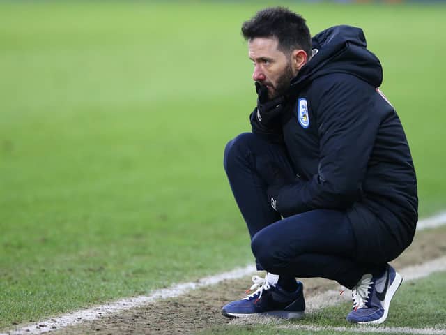 Carlos Corberan, manager of Huddersfield Town, reacts during the Sky Bet Championship match between Huddersfield Town and Wycombe Wanderers at John Smith's Stadium on February 13, 2021.