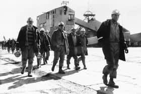 Glasshoughton Colliery day shift workers emerge from the pit for the last time, 1986
