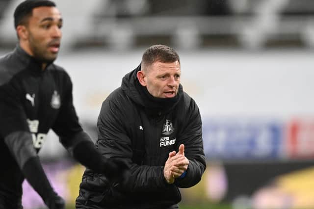 Newcastle  coach Graeme Jones reacts during the warm up before the Premier League match between Newcastle United and Crystal Palace at St. James Park on February 02, 2021 in Newcastle upon Tyne, England.