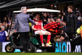 Rotherham United's Ollie Rathbone leaves the pitch on a buggy after an injury during the Sky Bet Championship match at Ipswich. Picture: John Walton/PA Wire.