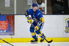 TREBLE TOP: Leeds Knights’ Mac Howlett scored a hat-trick inside 23 minutes in the 5-3 win over Peterborough Phantoms. Picture: Steve Cunningham/Knights Media.