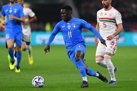 BUDAPEST, HUNGARY - SEPTEMBER 26:  Wilfried Gnonto of Italy in action during the UEFA Nations League League A Group 3 match between Hungary and Italy at Puskas Arena on September 26, 2022 in Budapest, Hungary. (Photo by Claudio Villa/Getty Images)