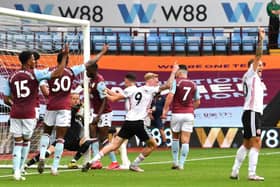 GHOST GOAL: Sheffield United players appeal in vain after Orjan Nyland carries the ball over Aston Villa's goalline in June 2020