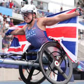Hurricane Hannah Cockroft of Great Britain celebrates after winning the Women's 800m T34 Final at the Para Athletics World Championships Paris 2023 at Stade Charlety (Picture: Alexander Hassenstein/Getty Images)