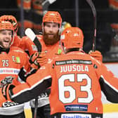 GOOD TIMES: Robert Dowd (left) and Kevin Tansey celebrate a goal in the 7-4 win against Fife Flyers in December. Picture: Dean Woolley/Steelers Media