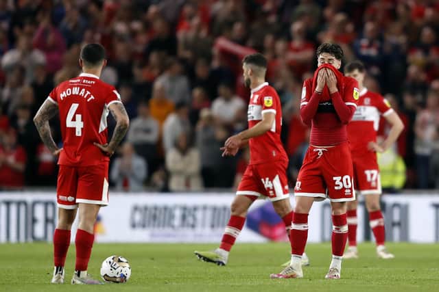 Middlesbrough players dejected after conceding their side's first goal of the game, scored by Coventry City's Gustavo Hamer (not pictured) during the Sky Bet Championship play-off semi-final second leg match at Riverside Stadium, Middlesbrough. Picture date: Wednesday May 17, 2023. PA Photo. See PA story SOCCER Middlesbrough. Photo credit should read: Will Matthews/PA Wire.

RESTRICTIONS: EDITORIAL USE ONLY No use with unauthorised audio, video, data, fixture lists, club/league logos or "live" services. Online in-match use limited to 120 images, no video emulation. No use in betting, games or single club/league/player publications.
