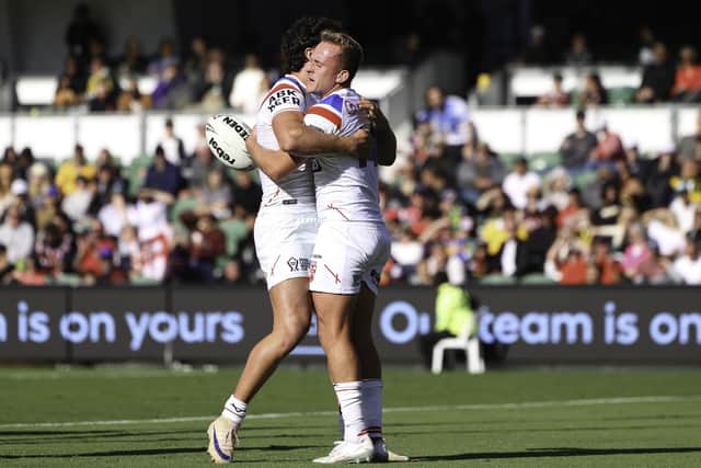 Jez Litten is congratulated after scoring a try. (Photo: Peter Keleman/SWpix.com)