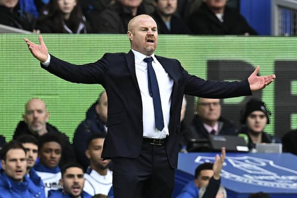 Everton's English manager Sean Dyche reacts during the English Premier League football match between Everton and Arsenal at Goodison Park in Liverpool, north-west England, on February 4, 2023. (Photo by PAUL ELLIS/AFP via Getty Images)