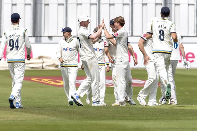 George Hill celebrates a wicket with his Yorkshire team-mates on day one at Hove. (Picture: John Heald Photography)