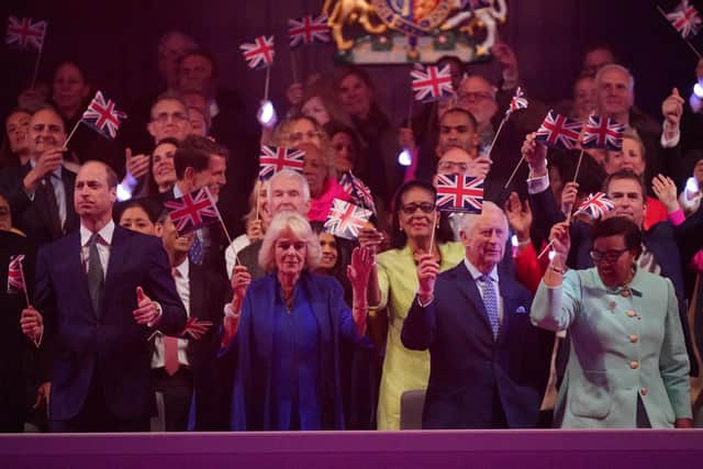 The Prince of Wales, Queen Camilla, King Charles III and Baroness Patricia Scotland in the Royal Box viewing the Coronation Concert held in the grounds of Windsor Castle. PIC: Yui Mok/PA Wire