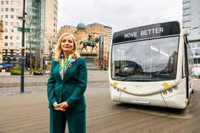 Tracy Brabin, Mayor of West Yorkshire, making an announcement on West Yorkshire bus reform at an event held in Leeds City Square. PIC: James Hardisty