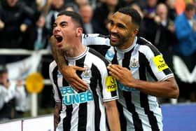 Newcastle United's Miguel Almiron (left) celebrates scoring their side's fourth goal of the game with team-mate Callum Wilson during the during the 4-0 Premier League win over Aston Villa (Picture: Owen Humphreys/PA)