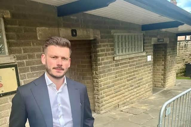 Coun Keane Duncan outside Malton Market Place toilets.