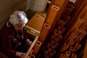 Shelia Scott, secretary Bradford Organists Association, at the first organ to arrive for their Organ Spectacular a recreation of a Wingfield organ whose design dates back to Tudor times