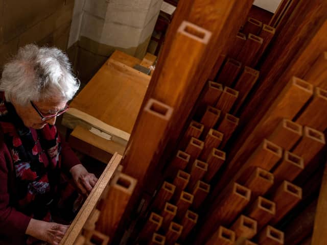 Shelia Scott, secretary Bradford Organists Association, at the first organ to arrive for their Organ Spectacular a recreation of a Wingfield organ whose design dates back to Tudor times