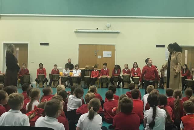 Cultural drumming performance at Gildersome primary School